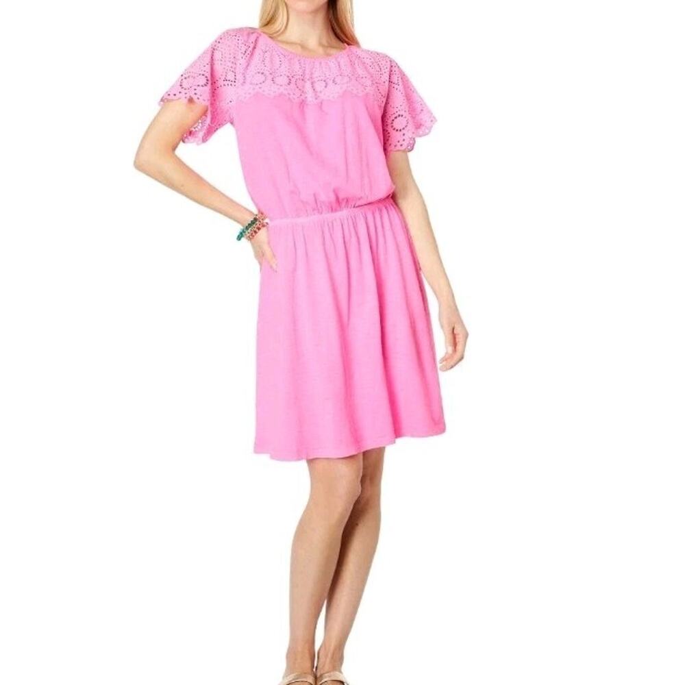 Lilly Pulitzer Taylinn Dress Prosecco Pink Eyelet Sleeve XL Cotton Elastic Waist